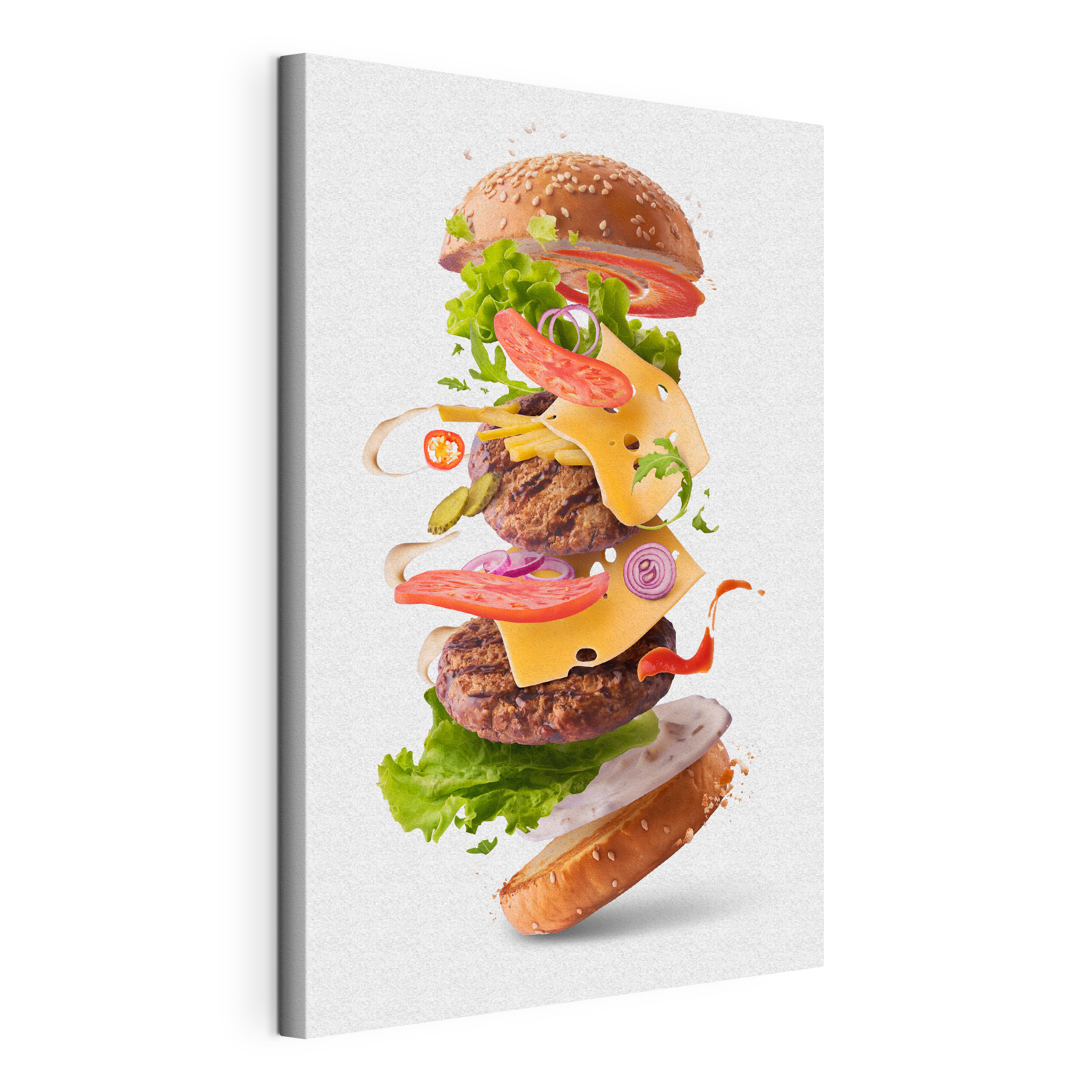 A hamburger with meat and vegetables flying in the air A hamburger with meat and vegetables flying in the air