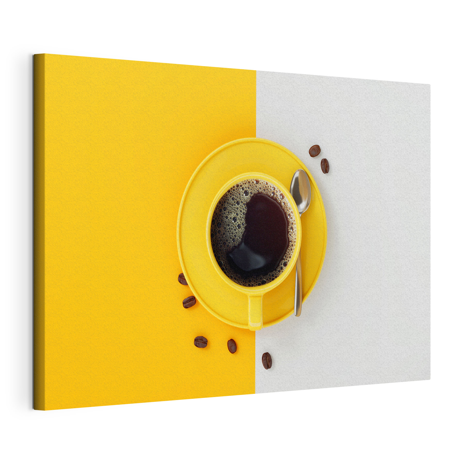 A yellow cup of coffee and beans A yellow cup of coffee and beans