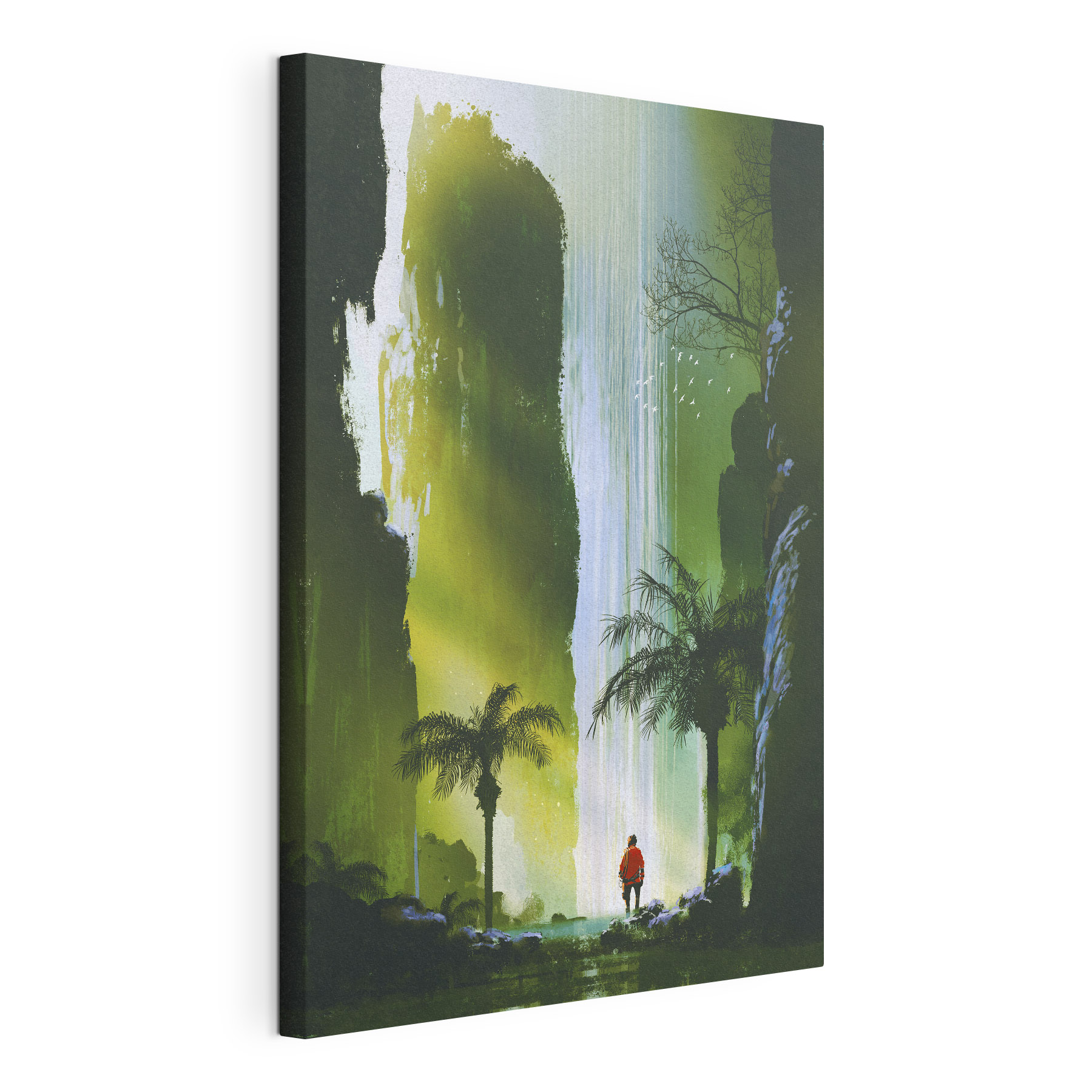 A man walking in a forest with a waterfall A man walking in a forest with a waterfall