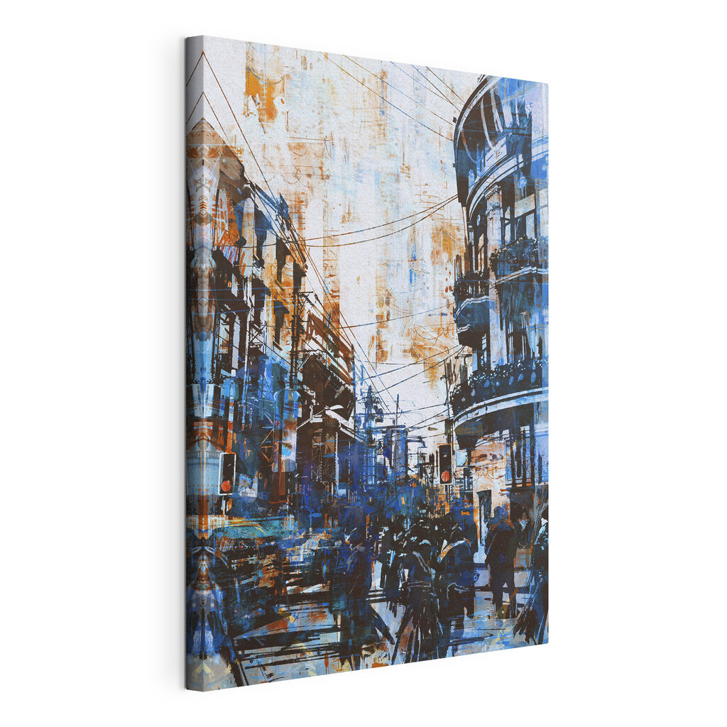 A street with buildings and people A street with buildings and people