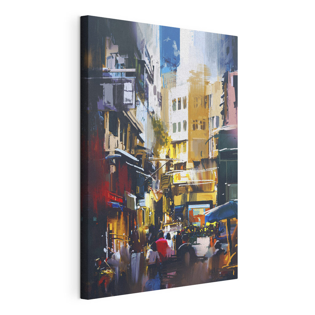 A street with buildings and people walking A street with buildings and people walking