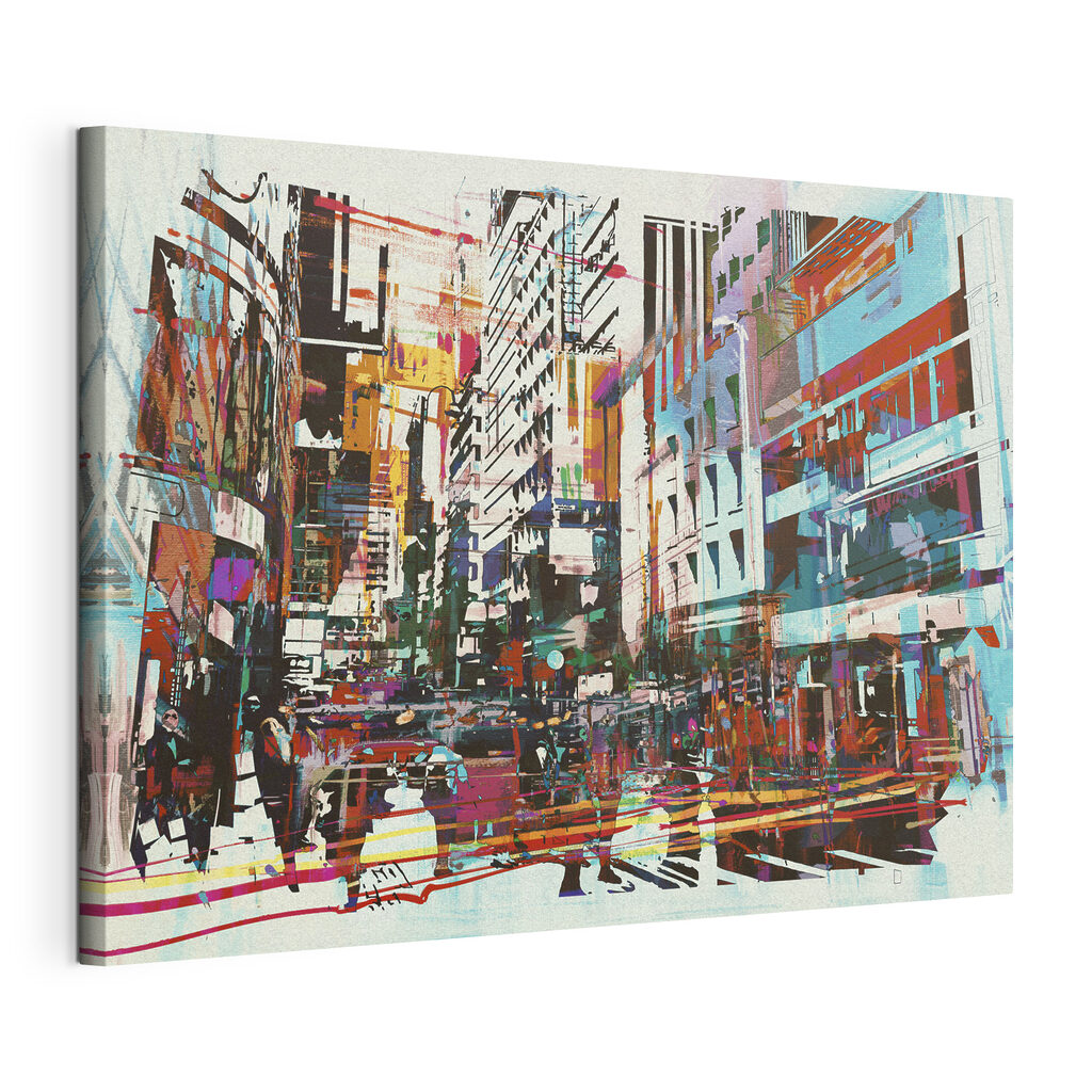A colorful cityscape with people walking A colorful cityscape with people walking