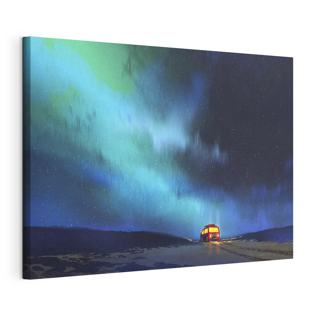 A bus on a snowy road with lights in the sky A bus on a snowy road with lights in the sky