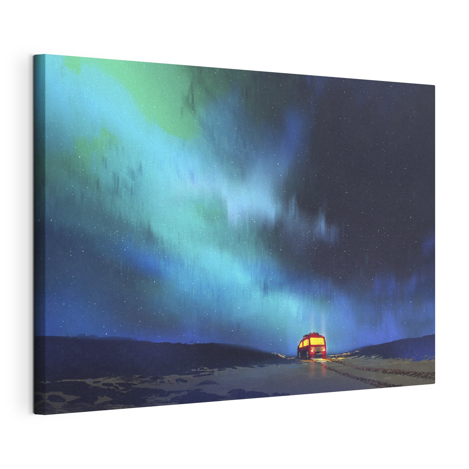 A bus on a snowy road with lights in the sky A bus on a snowy road with lights in the sky