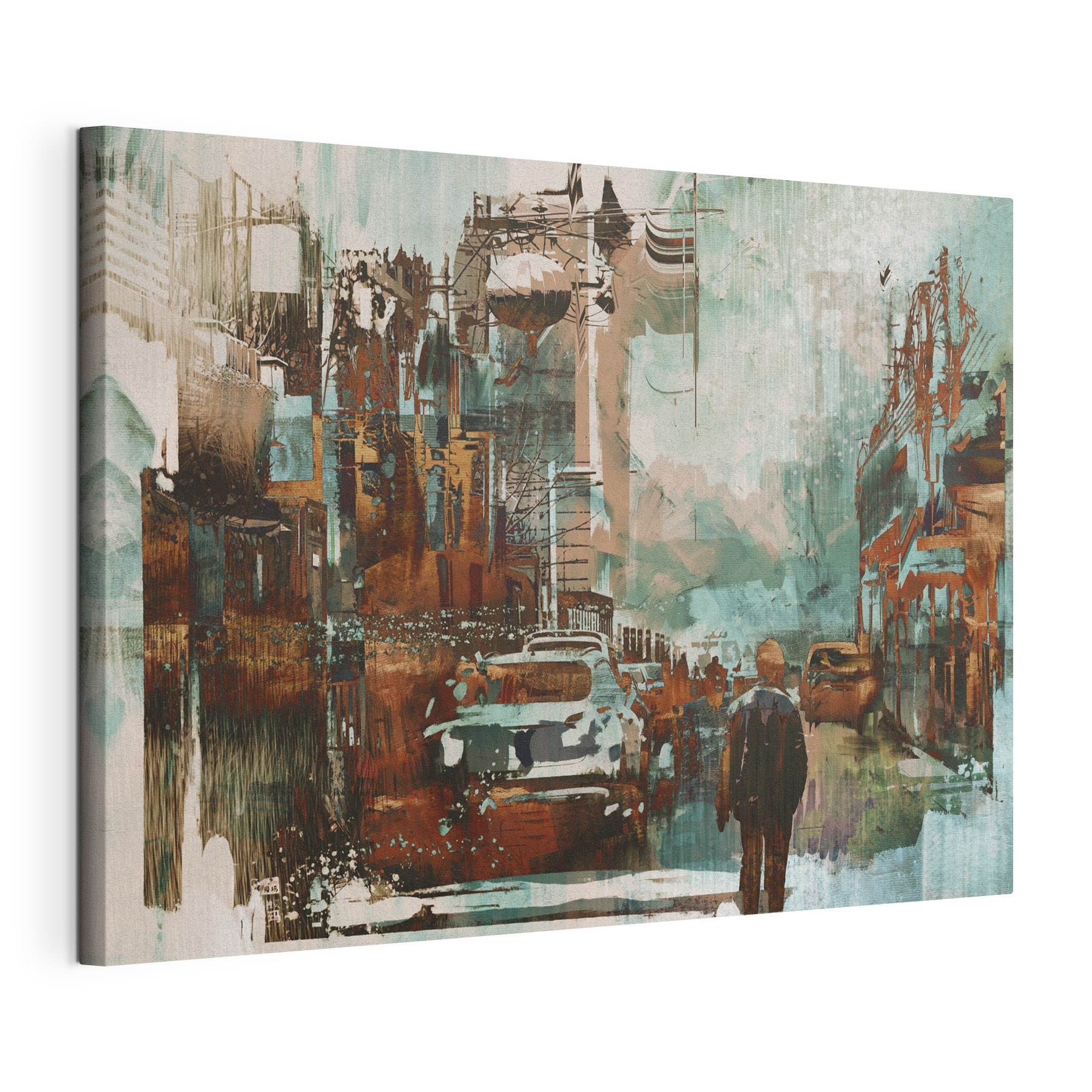 A man walking on a street with cars and buildings
