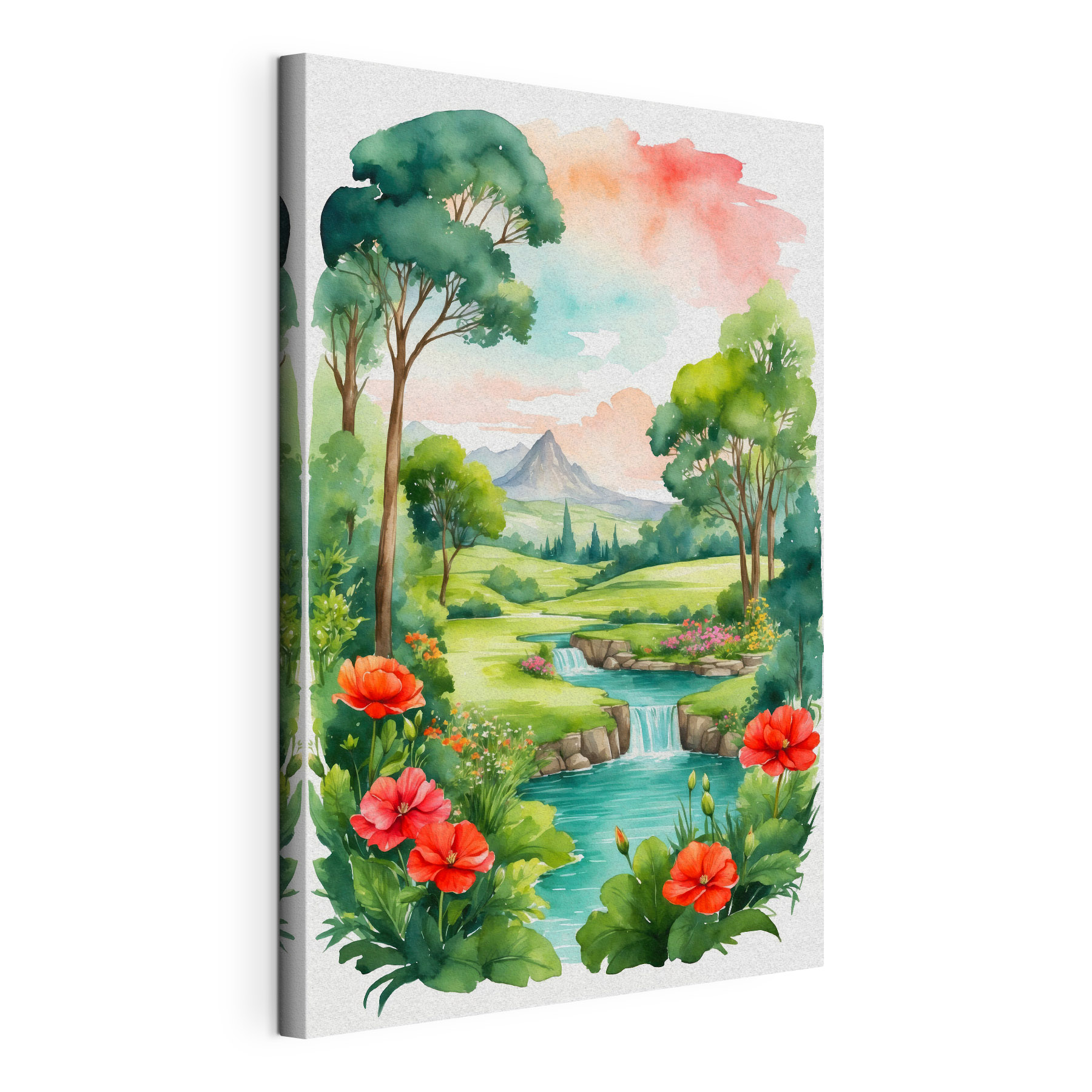 A watercolor painting of a river and flowers