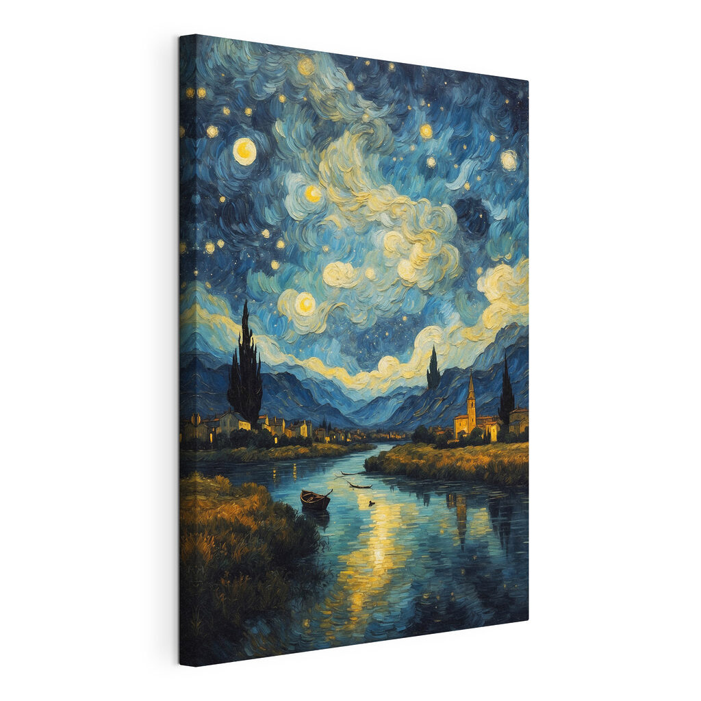 A painting of a town and a river