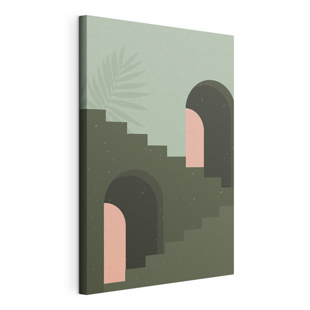 A green staircase with a pink arch and a palm leaf A green staircase with a pink arch and a palm leaf