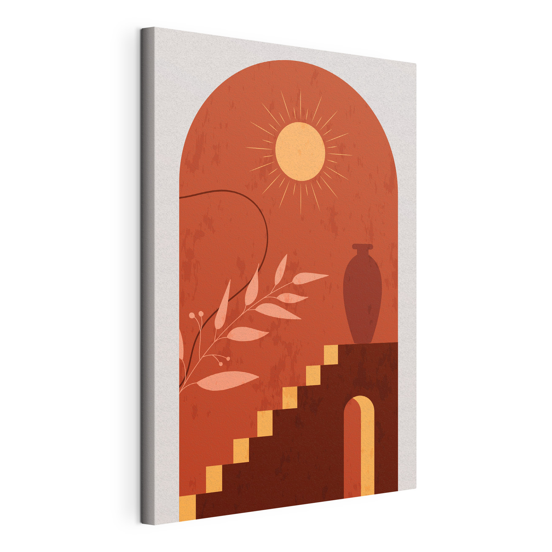 A painting of a vase and stairs A painting of a vase and stairs
