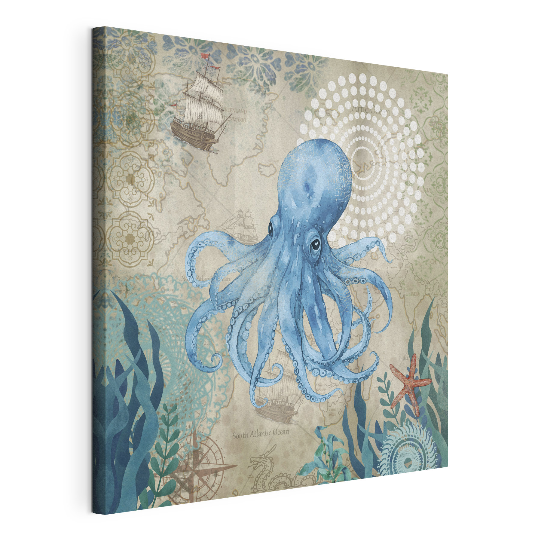 A blue octopus with a map of the ocean