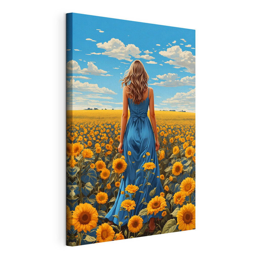 A woman in a blue dress in a field of sunflowers A woman in a blue dress in a field of sunflowers