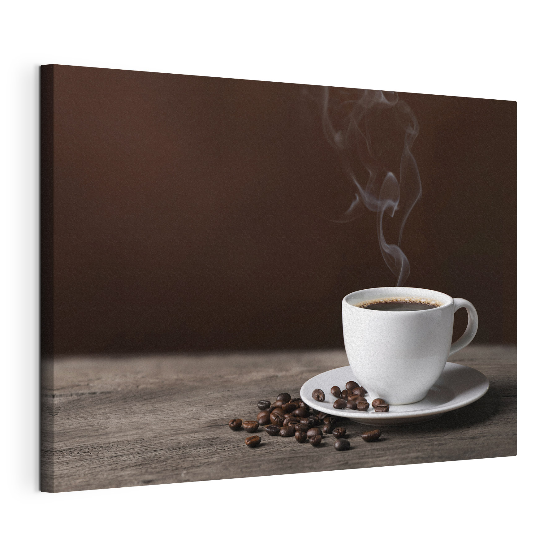 A cup of coffee with smoke and beans on a wooden surface