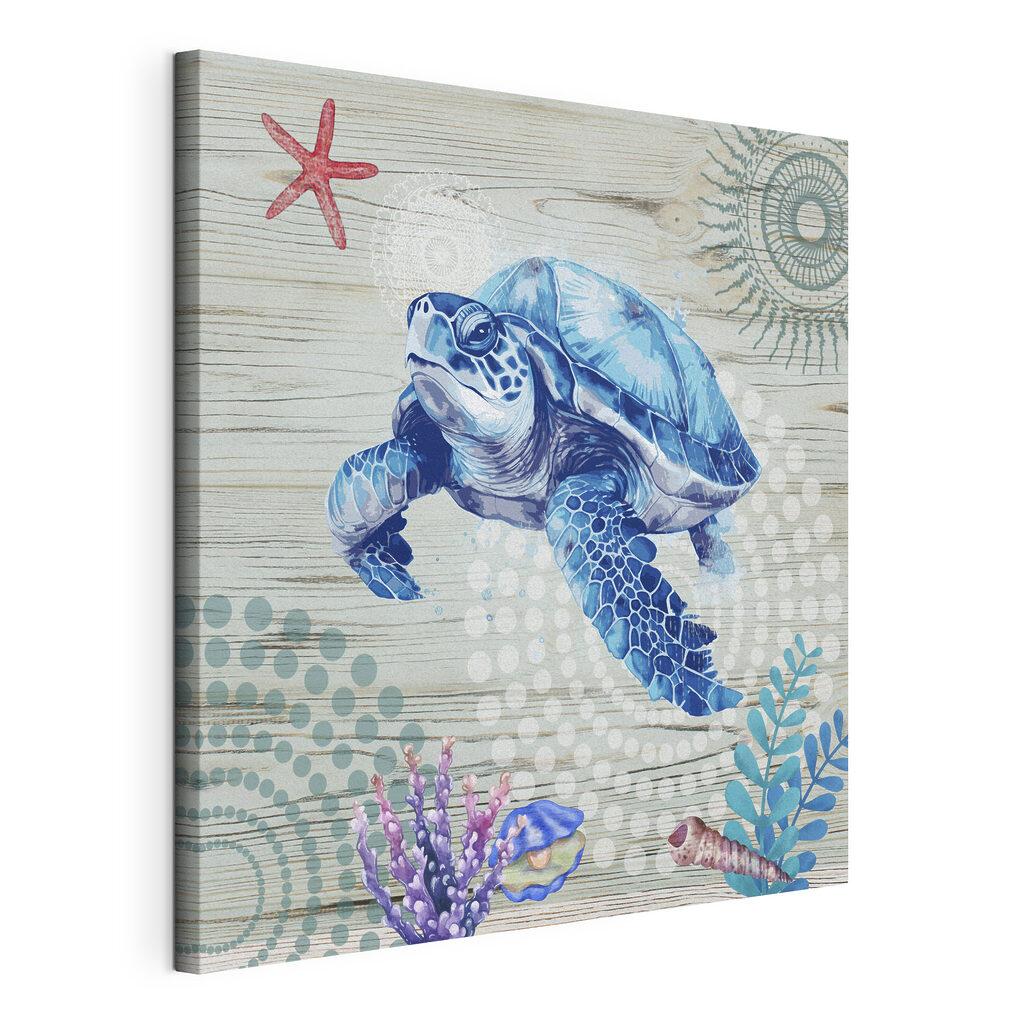 A blue sea turtle with corals and shells A blue sea turtle with corals and shells
