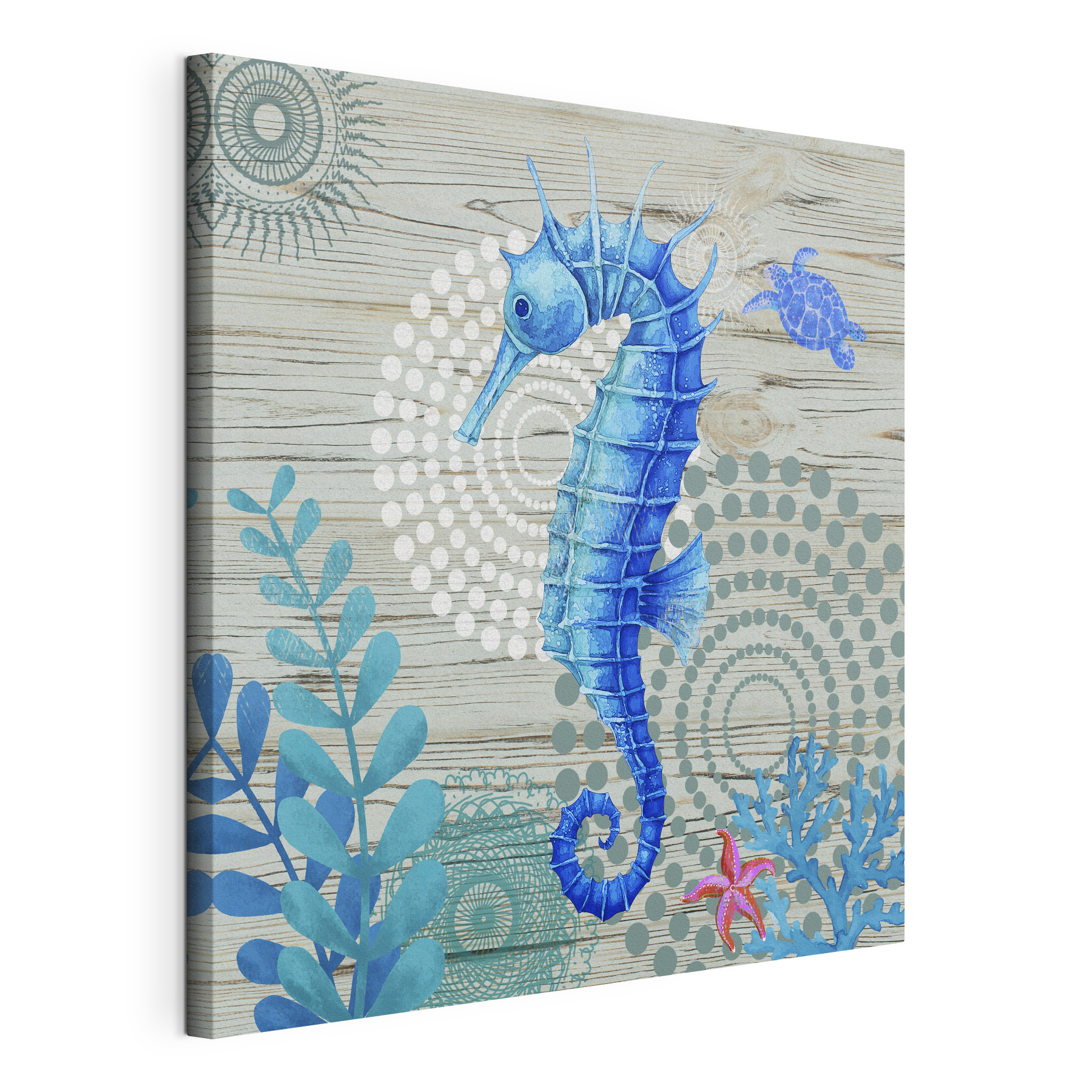 A blue seahorse and seaweed on a wood surface A blue seahorse and seaweed on a wood surface