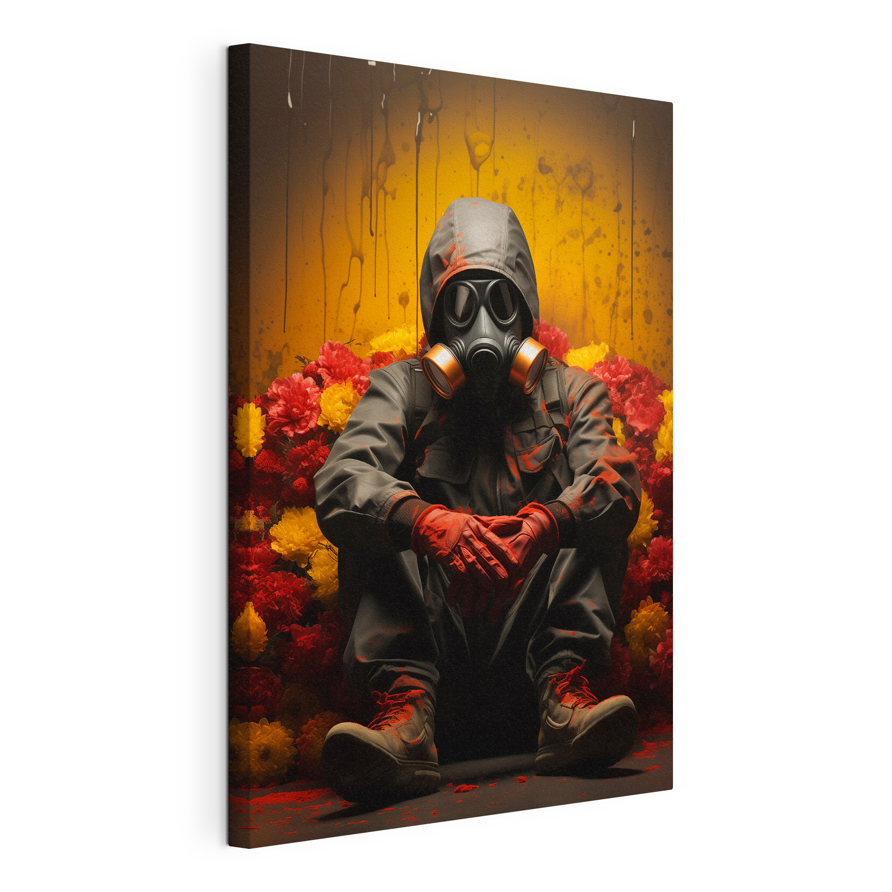 A person wearing a gas mask and gloves sitting in a chair with flowers A person wearing a gas mask and gloves sitting in a chair with flowers