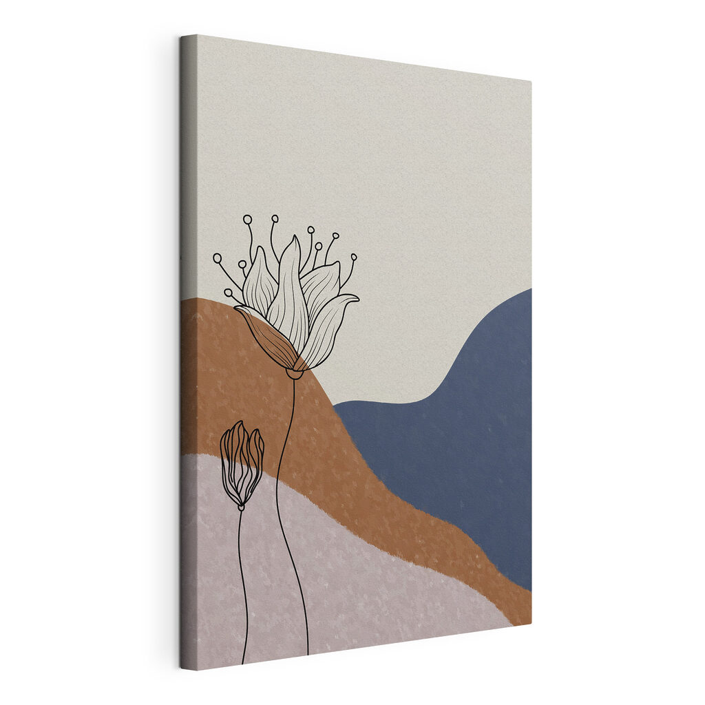 A drawing of flowers on a background of blue and brown hills A drawing of flowers on a background of blue and brown hills