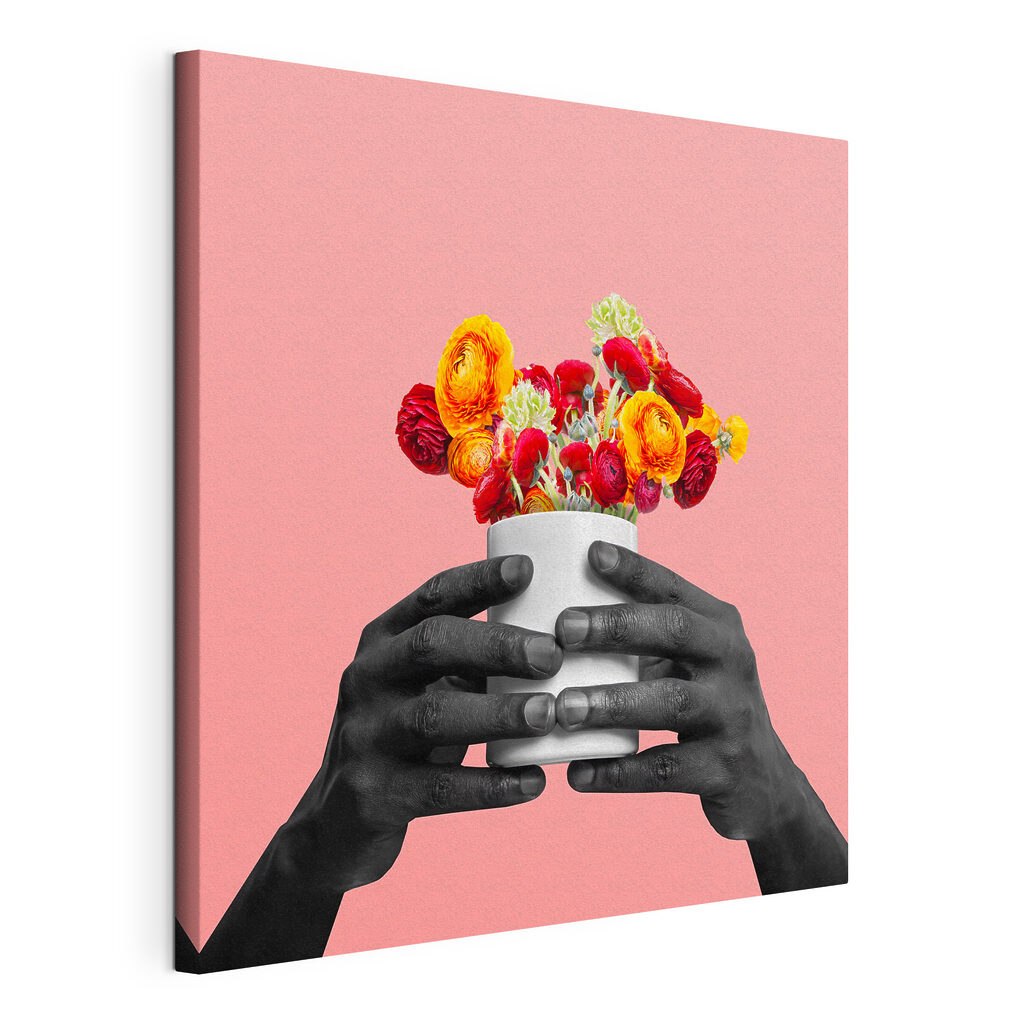 A black hands holding a white cup with flowers A black hands holding a white cup with flowers