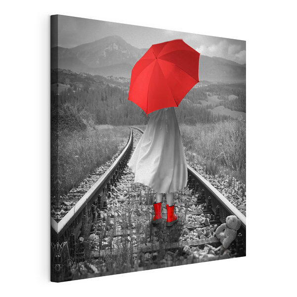 Cuadros Una persona con un paraguas rojo en las vías del tren (SKU: s37301) Cuadros Cuadros Una persona con un paraguas rojo en las vías del tren (SKU: s37301)