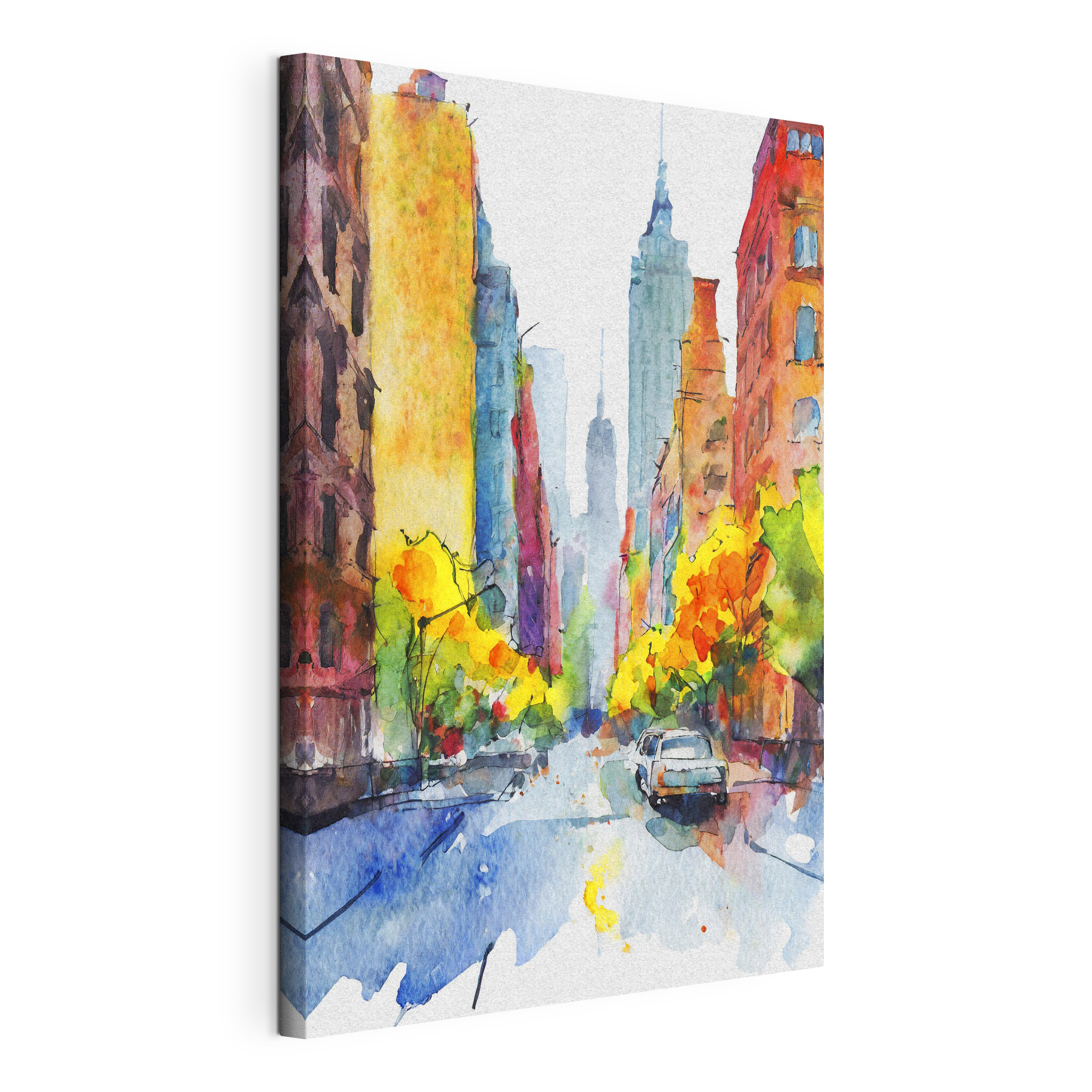 A watercolor painting of a street with buildings and cars A watercolor painting of a street with buildings and cars