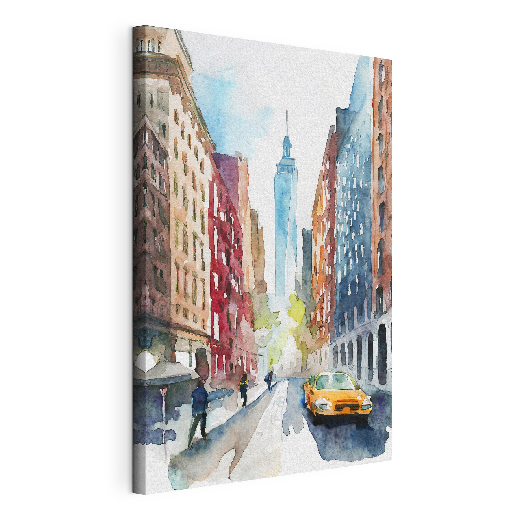 Watercolor of a street with buildings and a tall tower in the background Watercolor of a street with buildings and a tall tower in the background