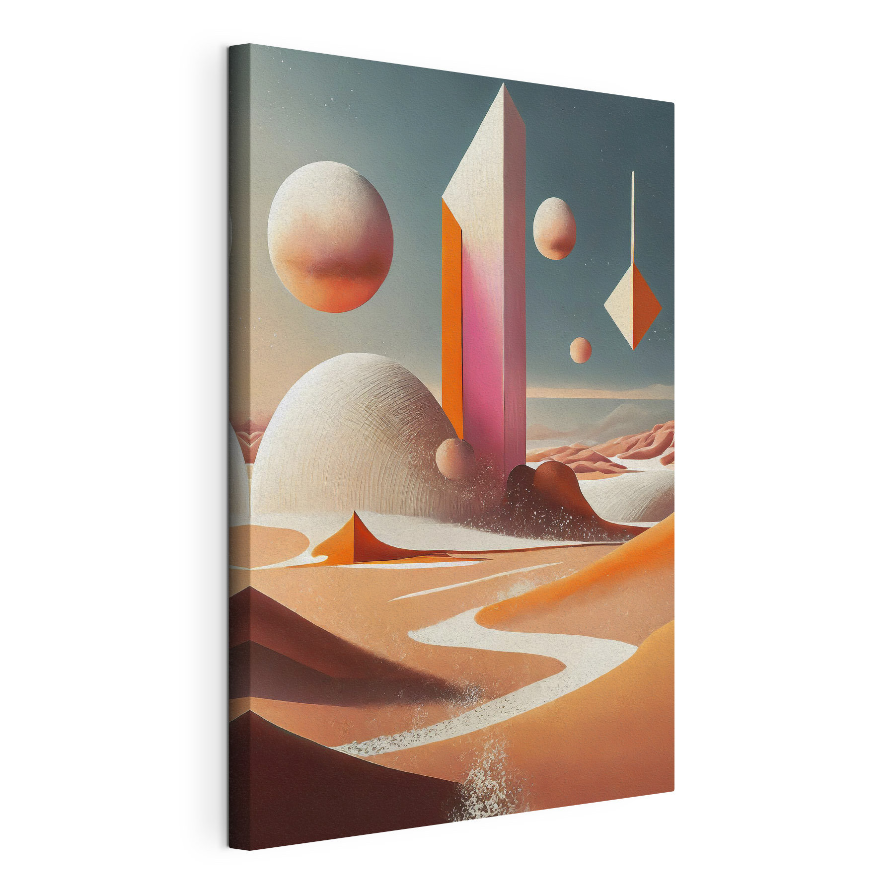 A desert landscape with a tower and geometric shapes A desert landscape with a tower and geometric shapes