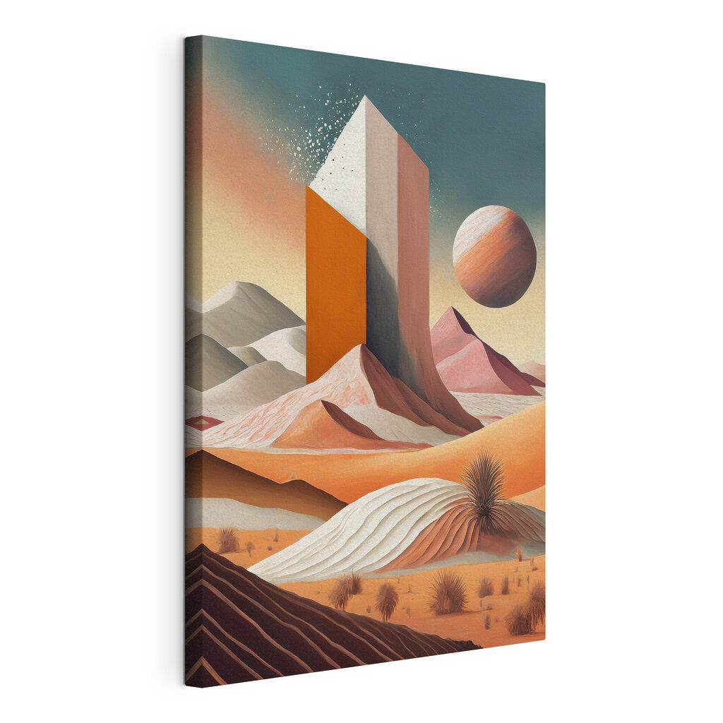 A desert landscape with a tall tower and a planet in the distance