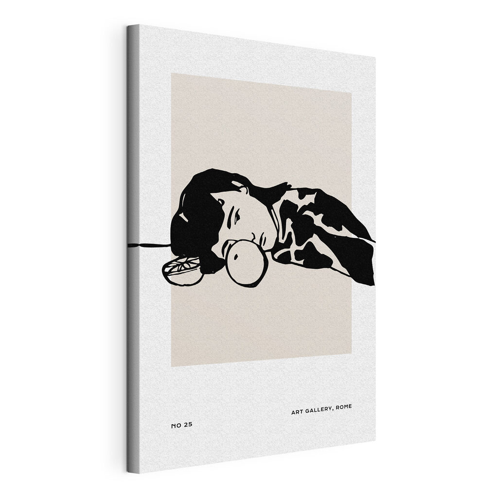 A drawing of a woman sleeping with a fruit