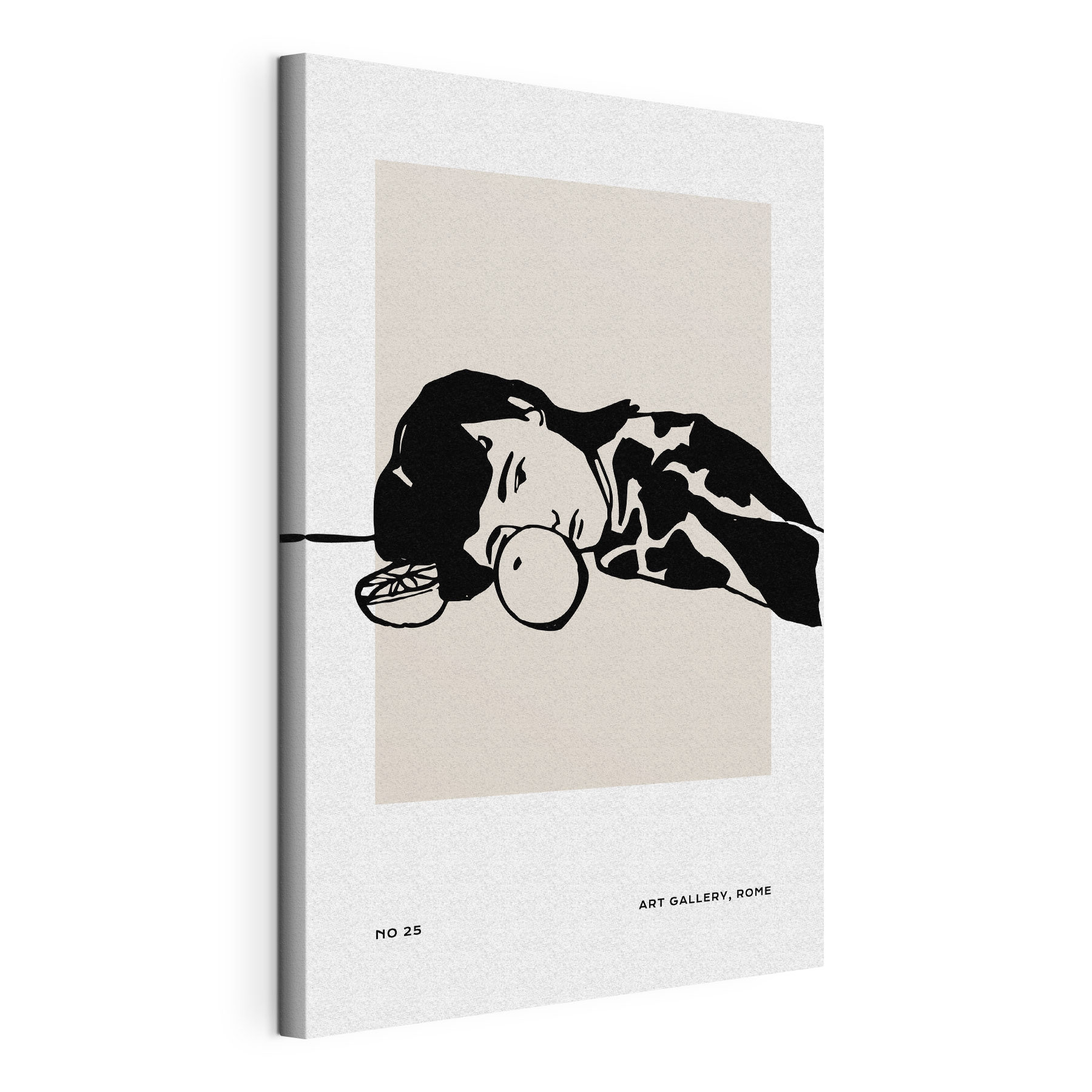 A drawing of a woman sleeping with a fruit