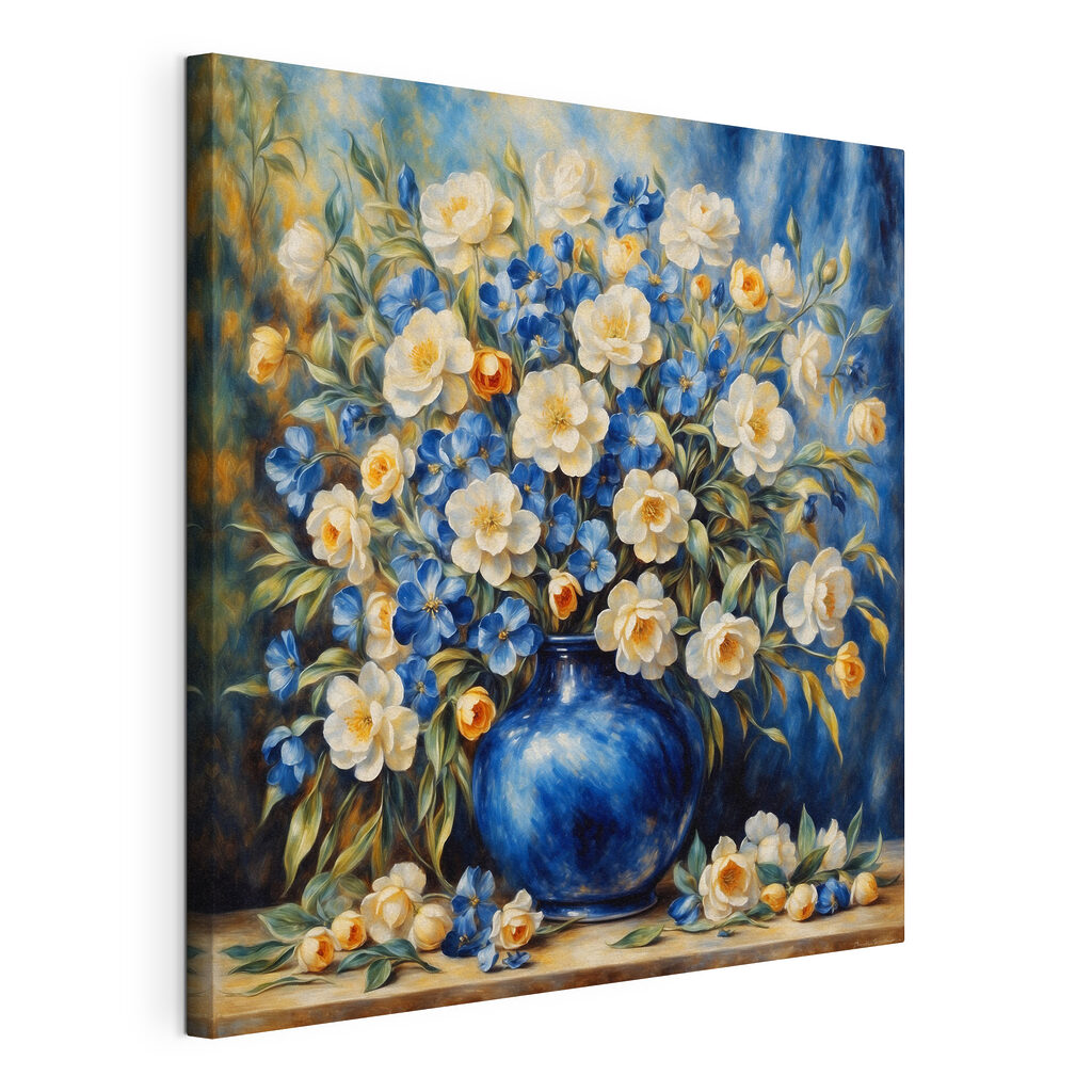 A painting of flowers in a blue vase