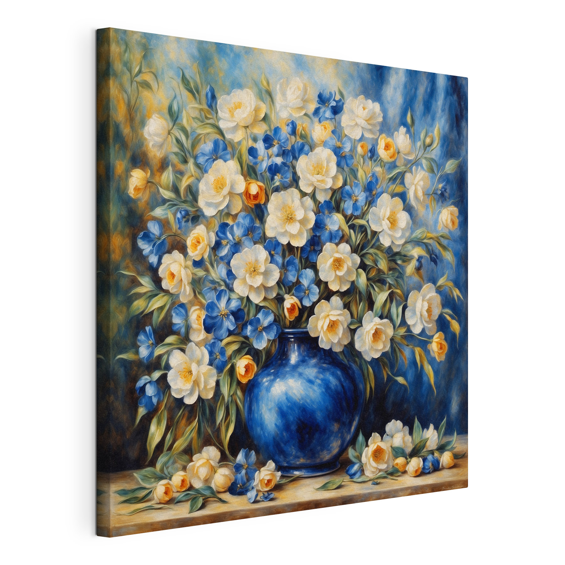 A painting of flowers in a blue vase