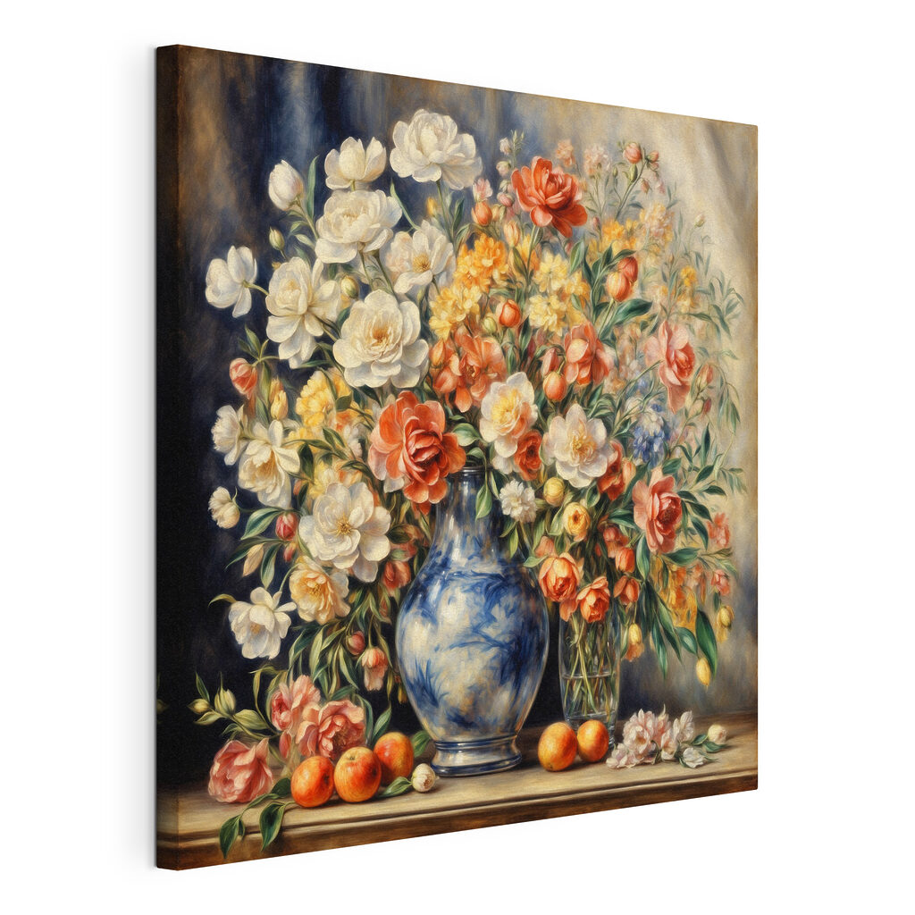 A painting of flowers in a vase and fruit