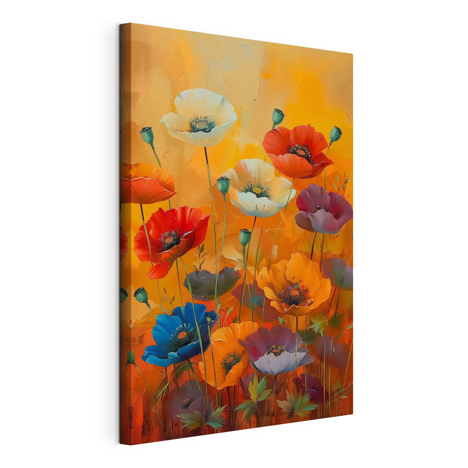 A painting of flowers on a yellow background