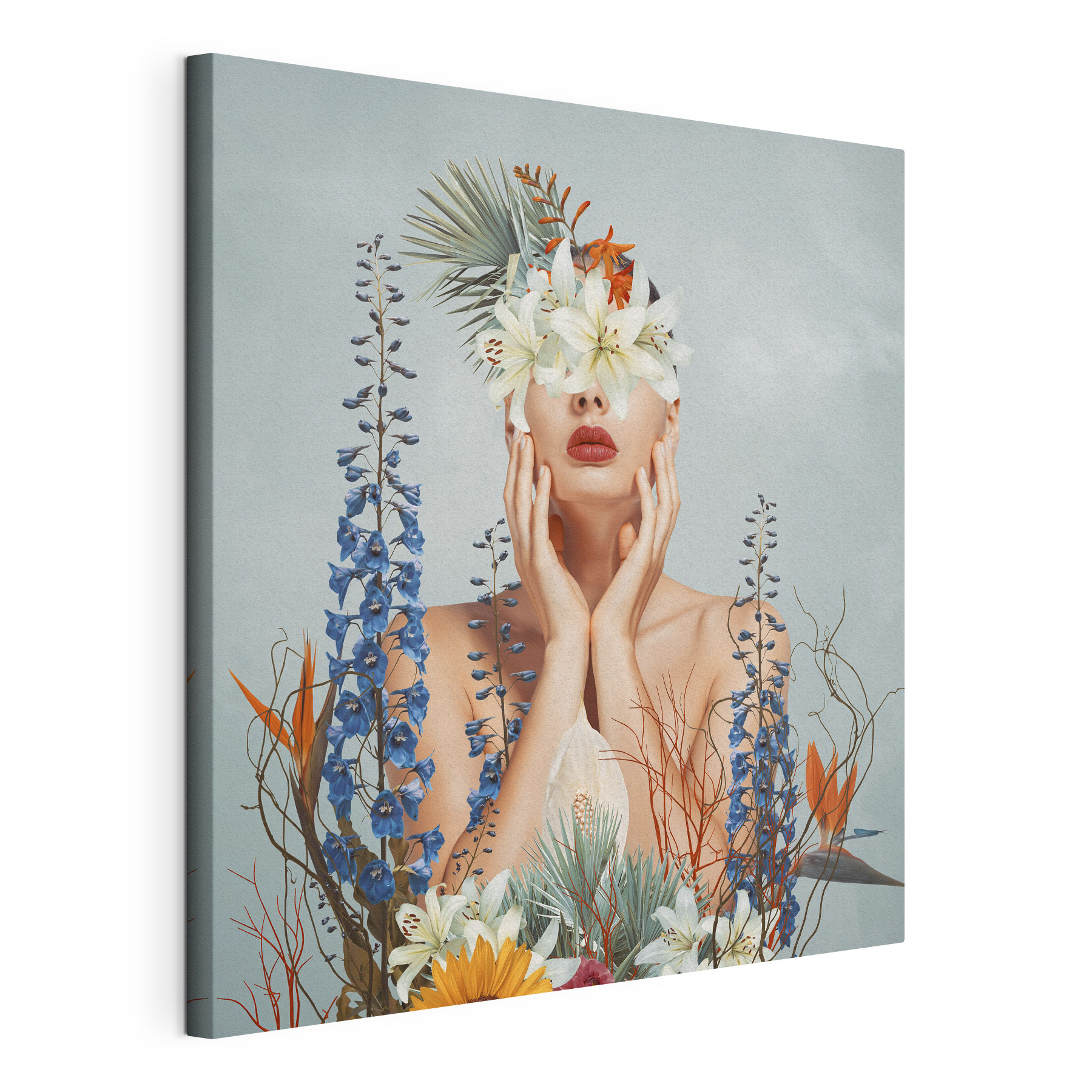 A woman with flowers around her face A woman with flowers around her face