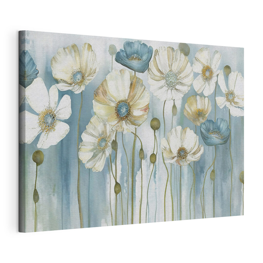 A painting of white and blue flowers A painting of white and blue flowers