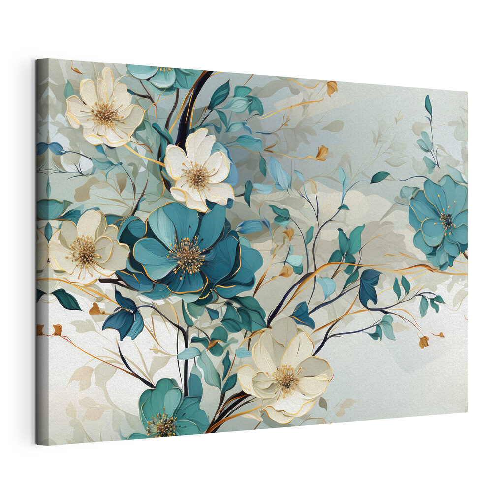 A painting of flowers and leaves