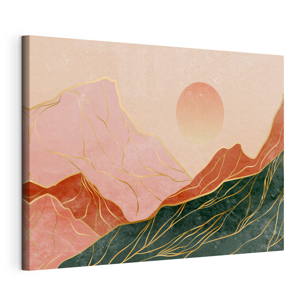 A painting of mountains and sun