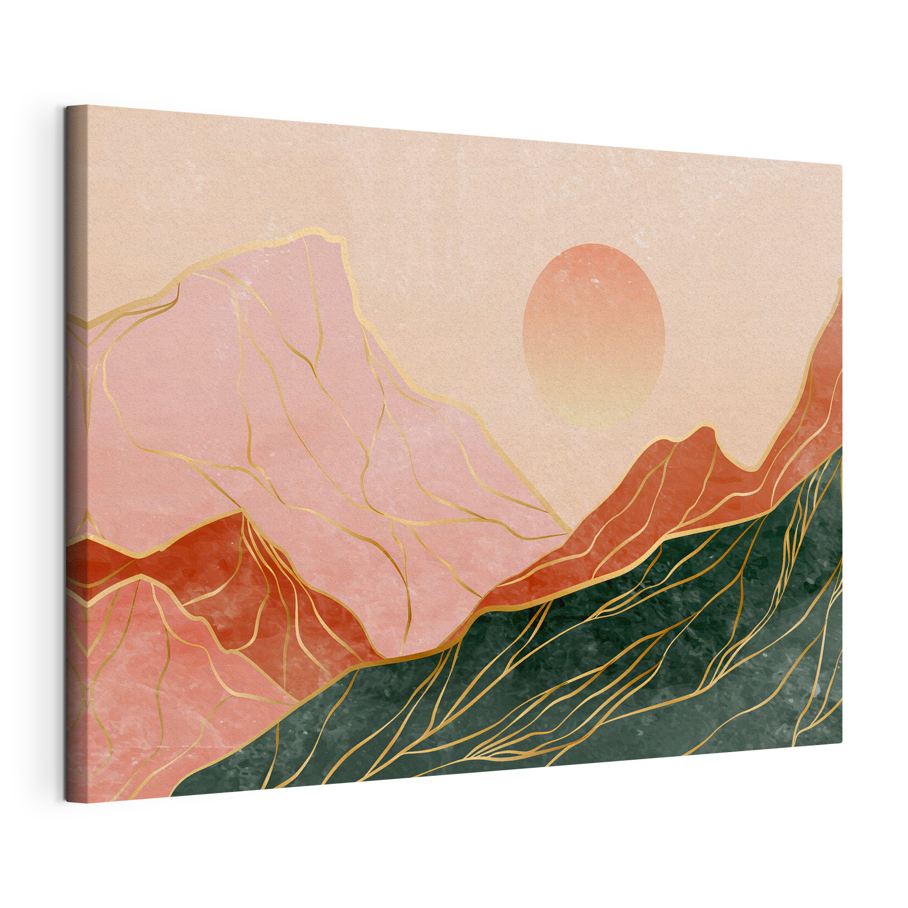 A painting of mountains and sun