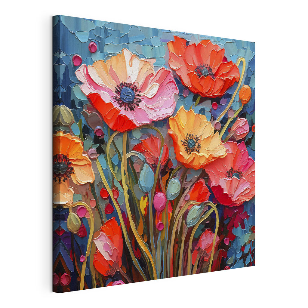 A painting of flowers on a blue background