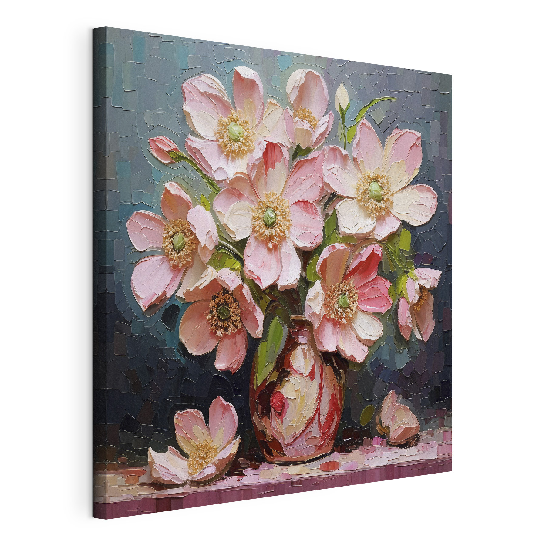 A painting of pink flowers in a vase A painting of pink flowers in a vase