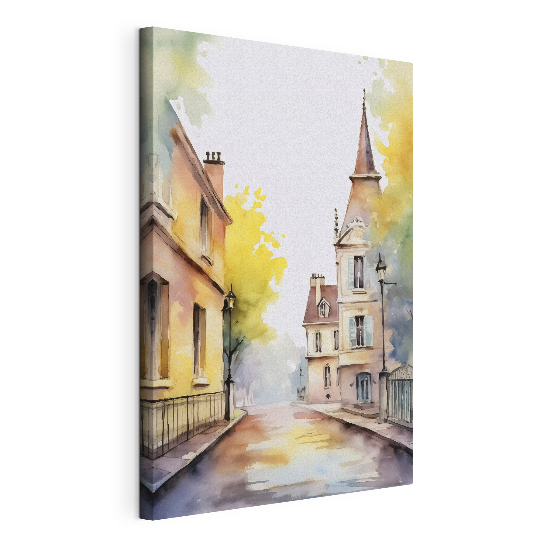 Watercolor painting of a street with buildings and trees Watercolor painting of a street with buildings and trees