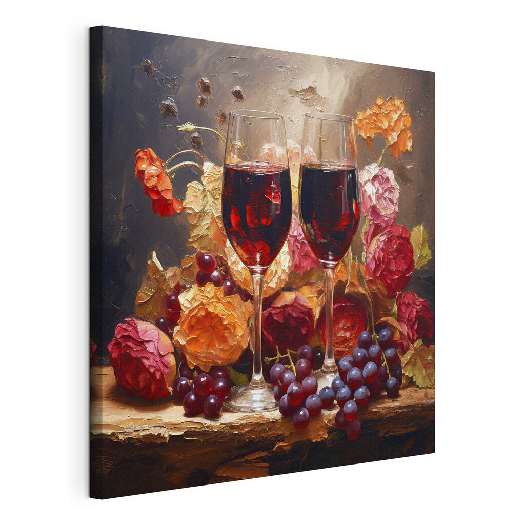 A painting of wine glasses and flowers A painting of wine glasses and flowers