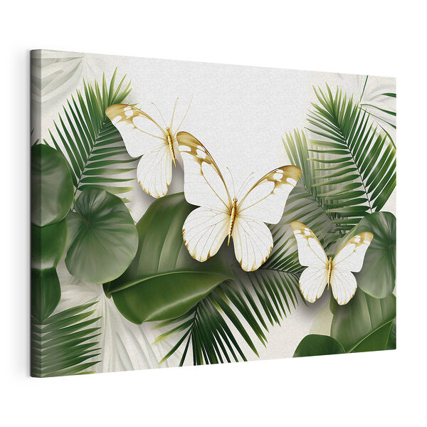 Mariposas sobre un fondo blanco con hojas verdes Cuadros Mariposas sobre un fondo blanco con hojas verdes
