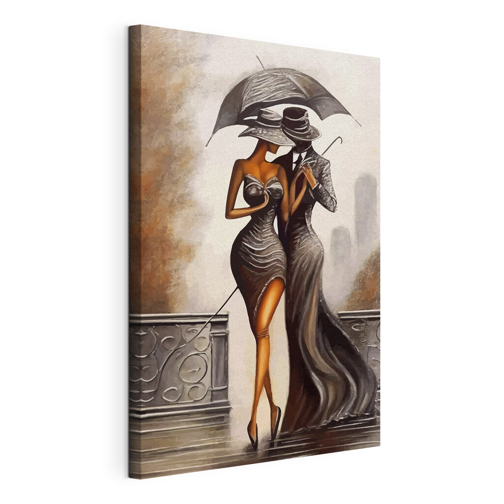 A painting of a man and woman in a dress and hat A painting of a man and woman in a dress and hat