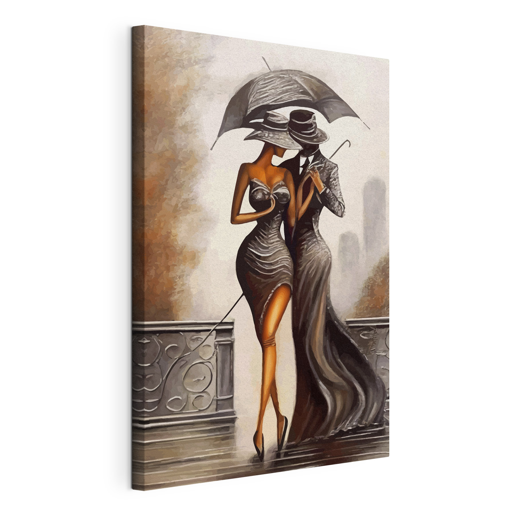 A painting of a man and woman in a dress and hat A painting of a man and woman in a dress and hat