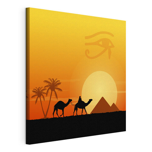 Unos camellos y unas palmeras frente a una puesta de sol Cuadros Unos camellos y unas palmeras frente a una puesta de sol
