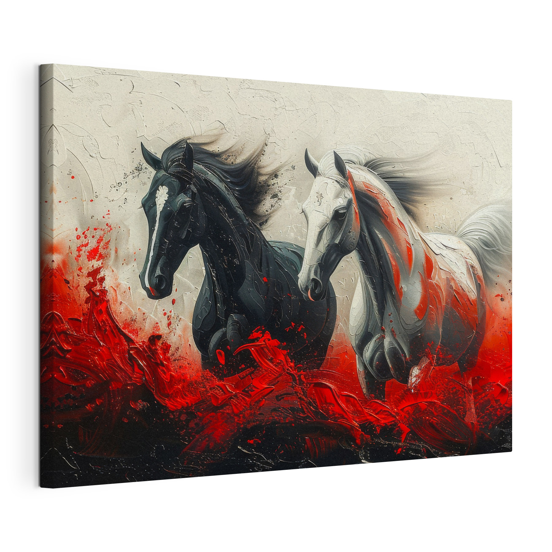 A painting of horses running with red paint