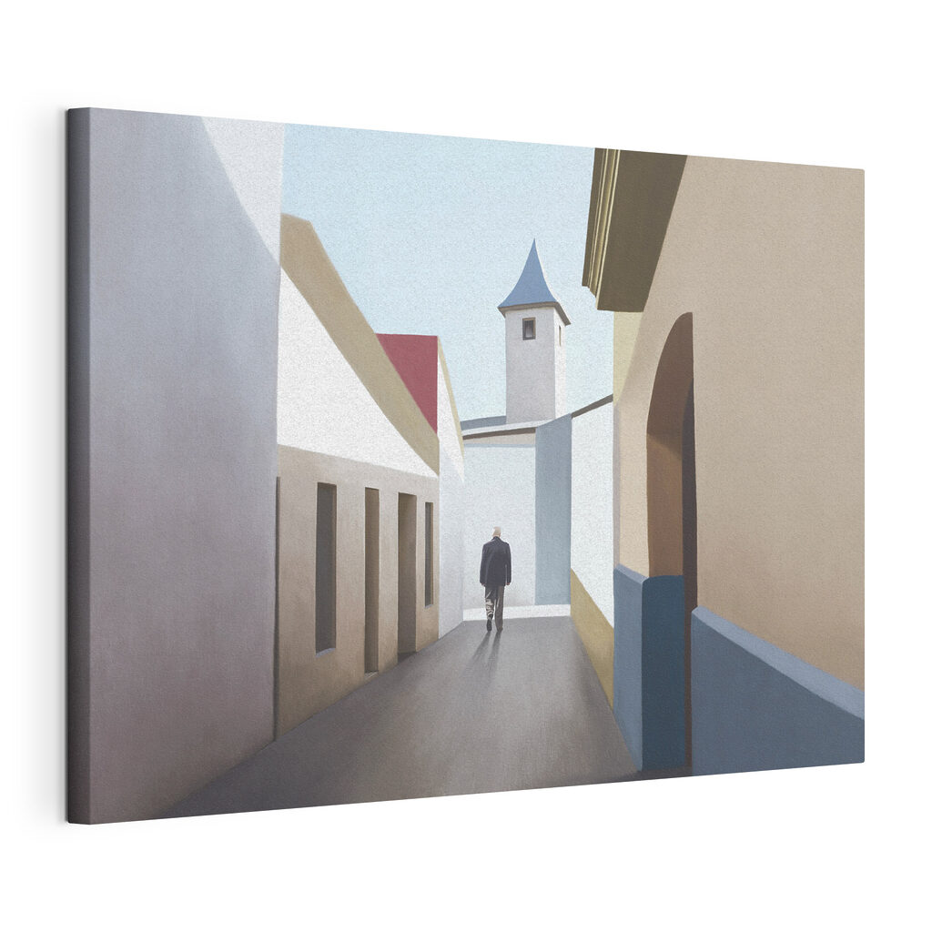 A man walking down a narrow street A man walking down a narrow street