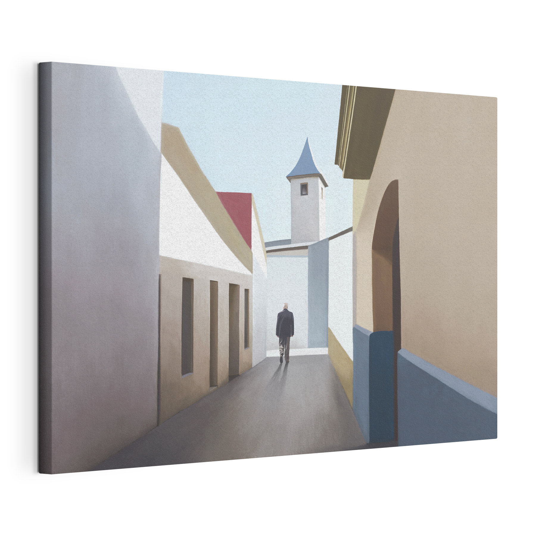 A man walking down a narrow street A man walking down a narrow street