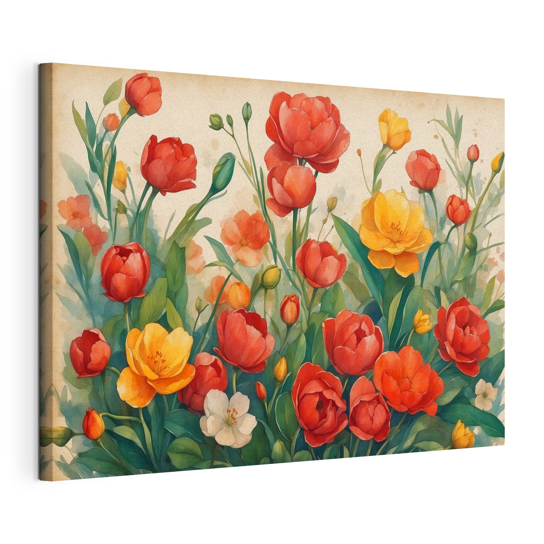 A painting of flowers and leaves