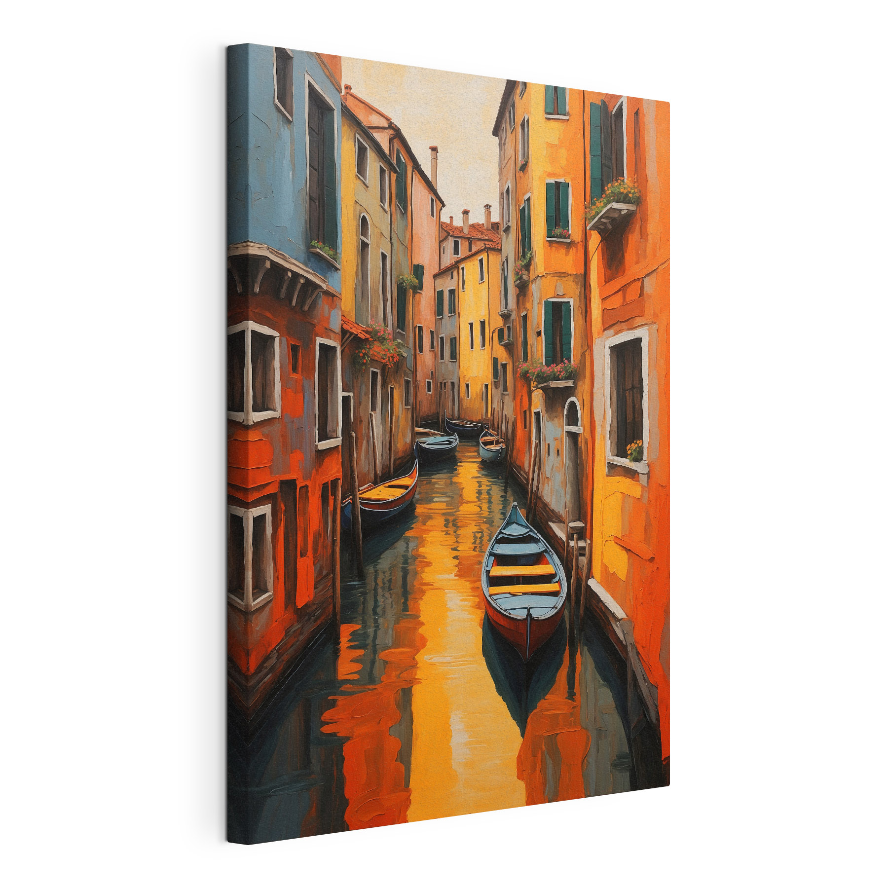 A rowboat in a canal between buildings A rowboat in a canal between buildings